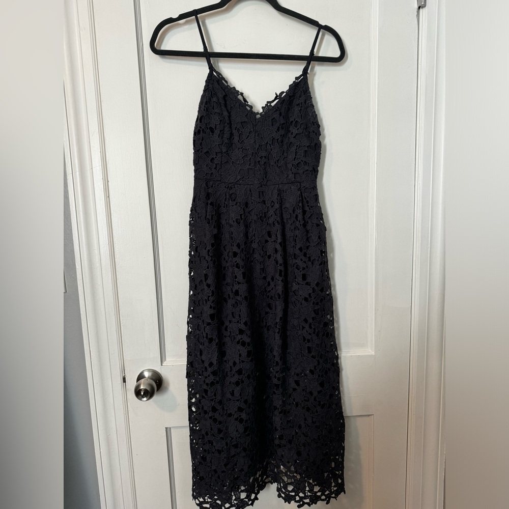ASTR the label navy midi dress with floral knit overlay